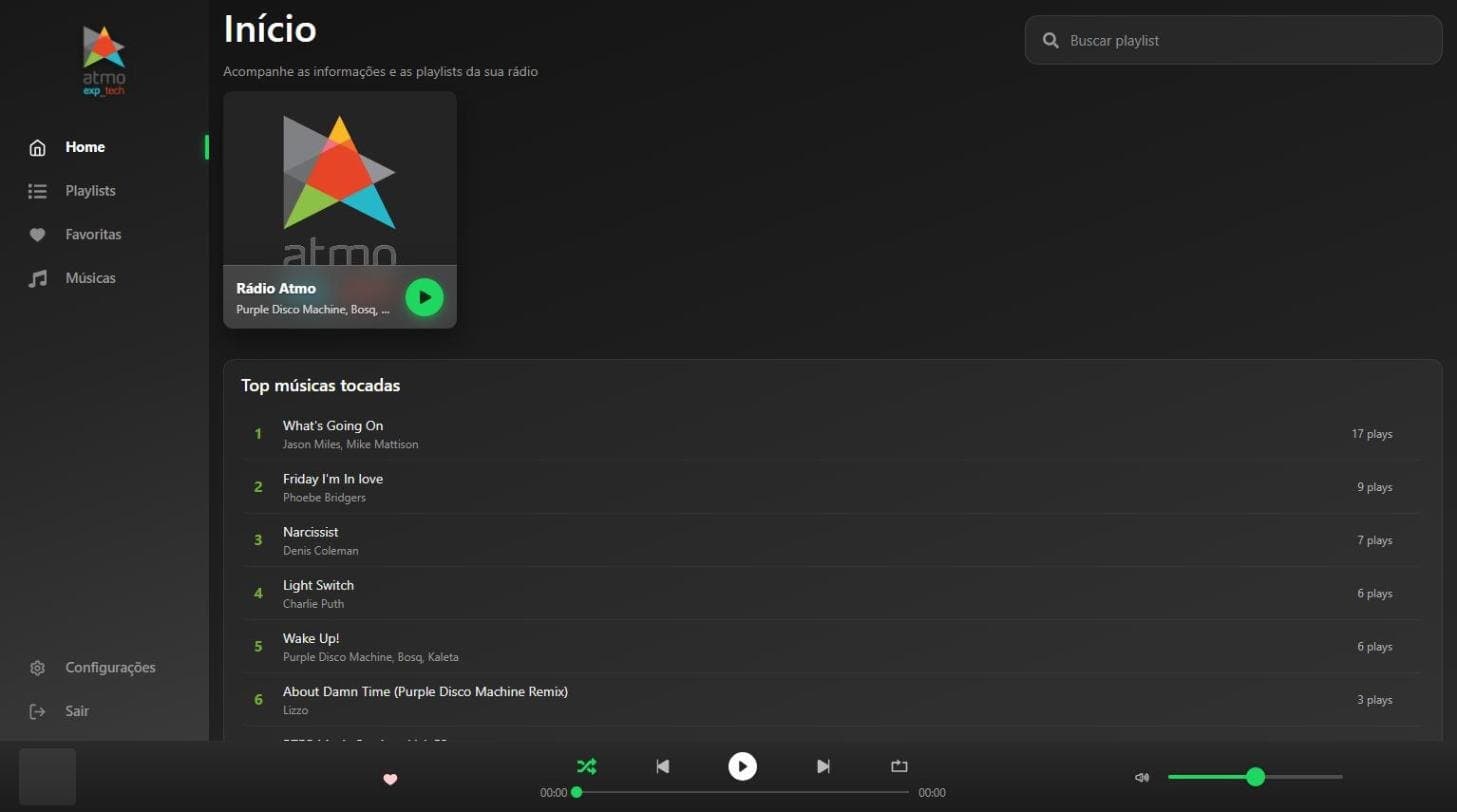 Tela inicial do player da Rádio Atmo com a playlist da rádio e as músicas mais tocadas
